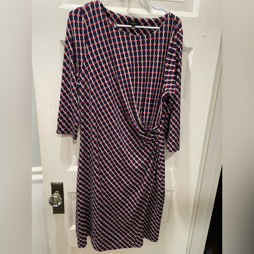 Talbots Navy and Red Geometric Long Sleeve Wrap Dress, size XL